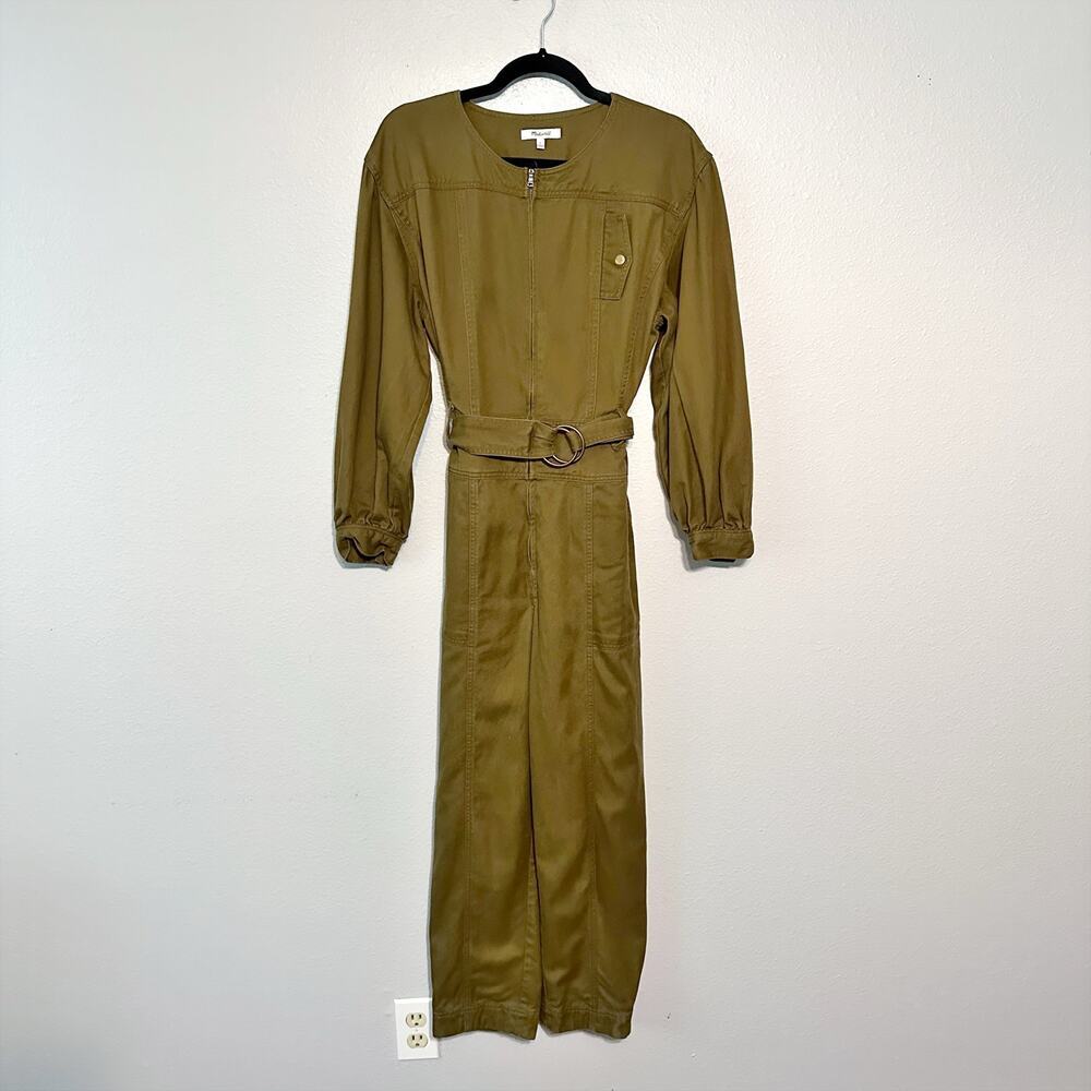 Madewell Tencel Twill Tapered Belted Golden Spinach Jumpsuit Women's Size Large - Picture 2 of 16